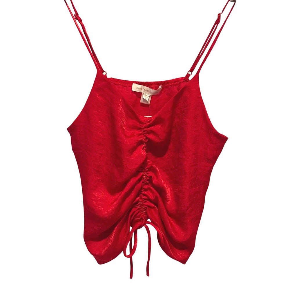Monteau Cami Top Womens Large Red Y2K Ruched Front Satin Cropped Spaghetti Strap